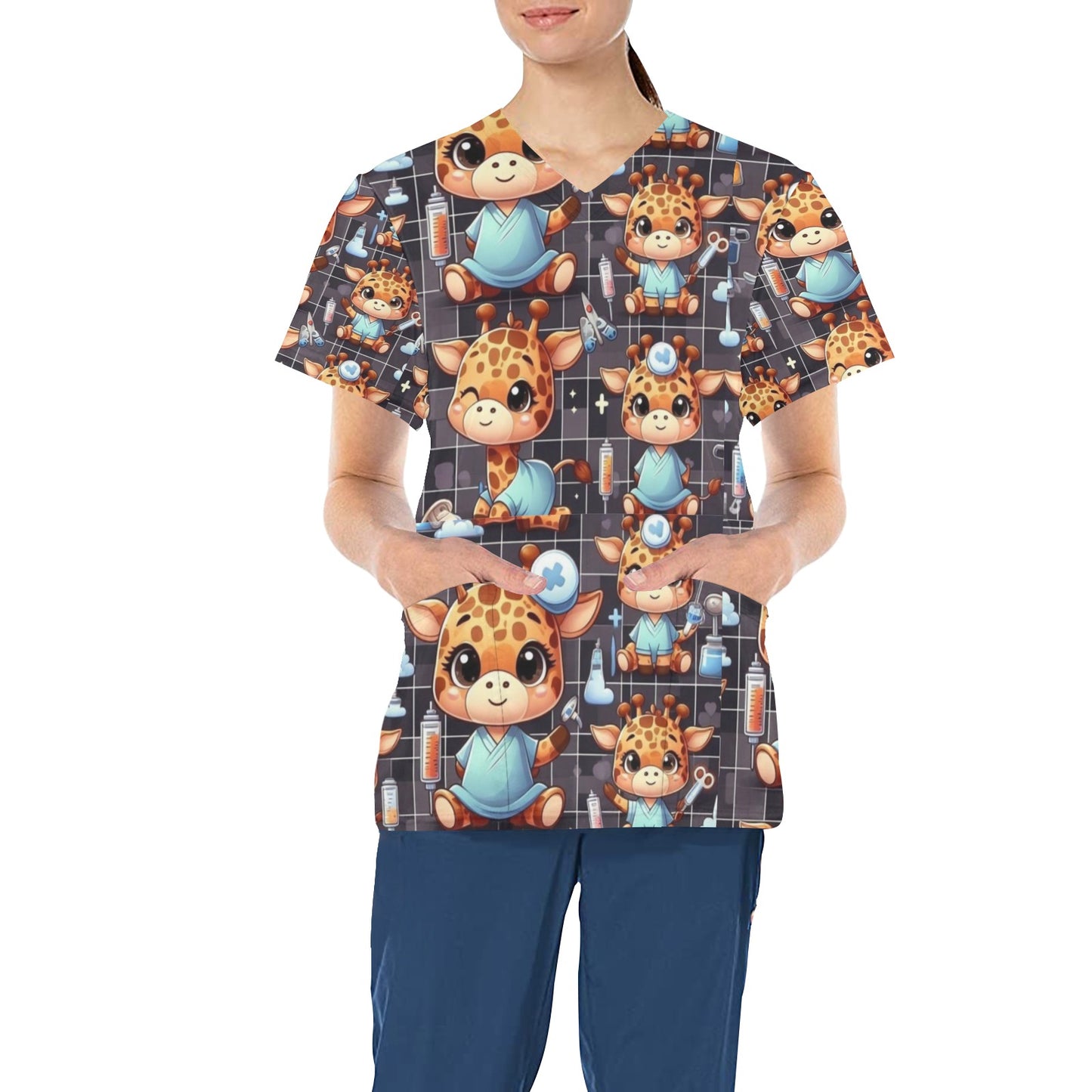 Ladies Scrub Top - Giraffes 3