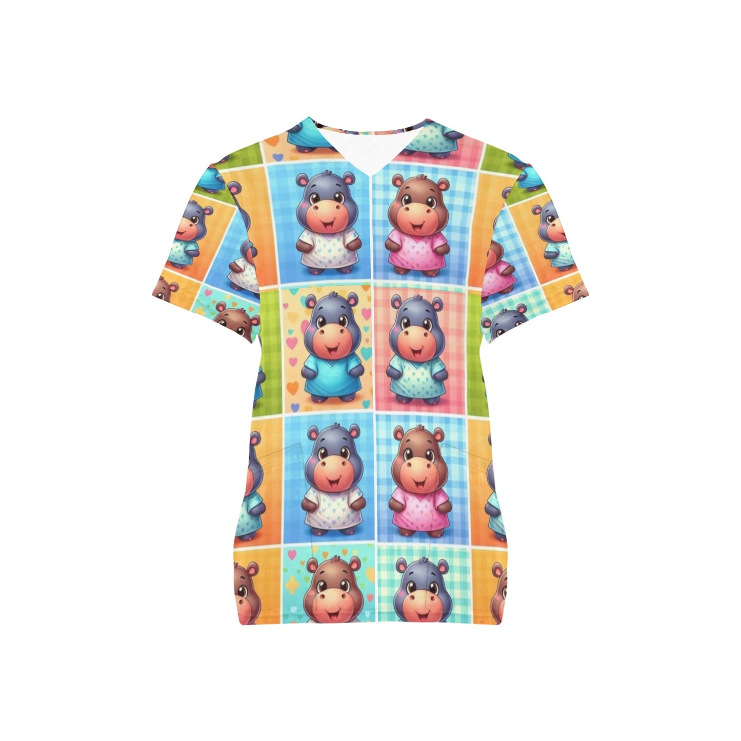 Ladies Scrub Top - Happy Hippos 4