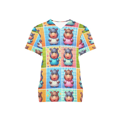 Ladies Scrub Top - Happy Hippos 4