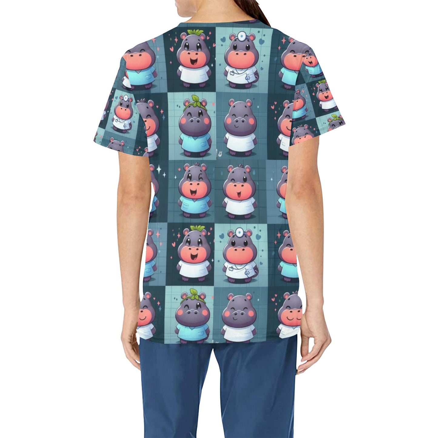 Ladies Scrub Top - Happy Hippos