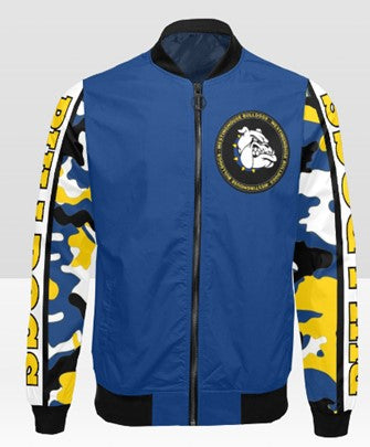 Bulldog Alumni Customizable Unisex Bomber Jacket - Blue/Camo Sleeves
