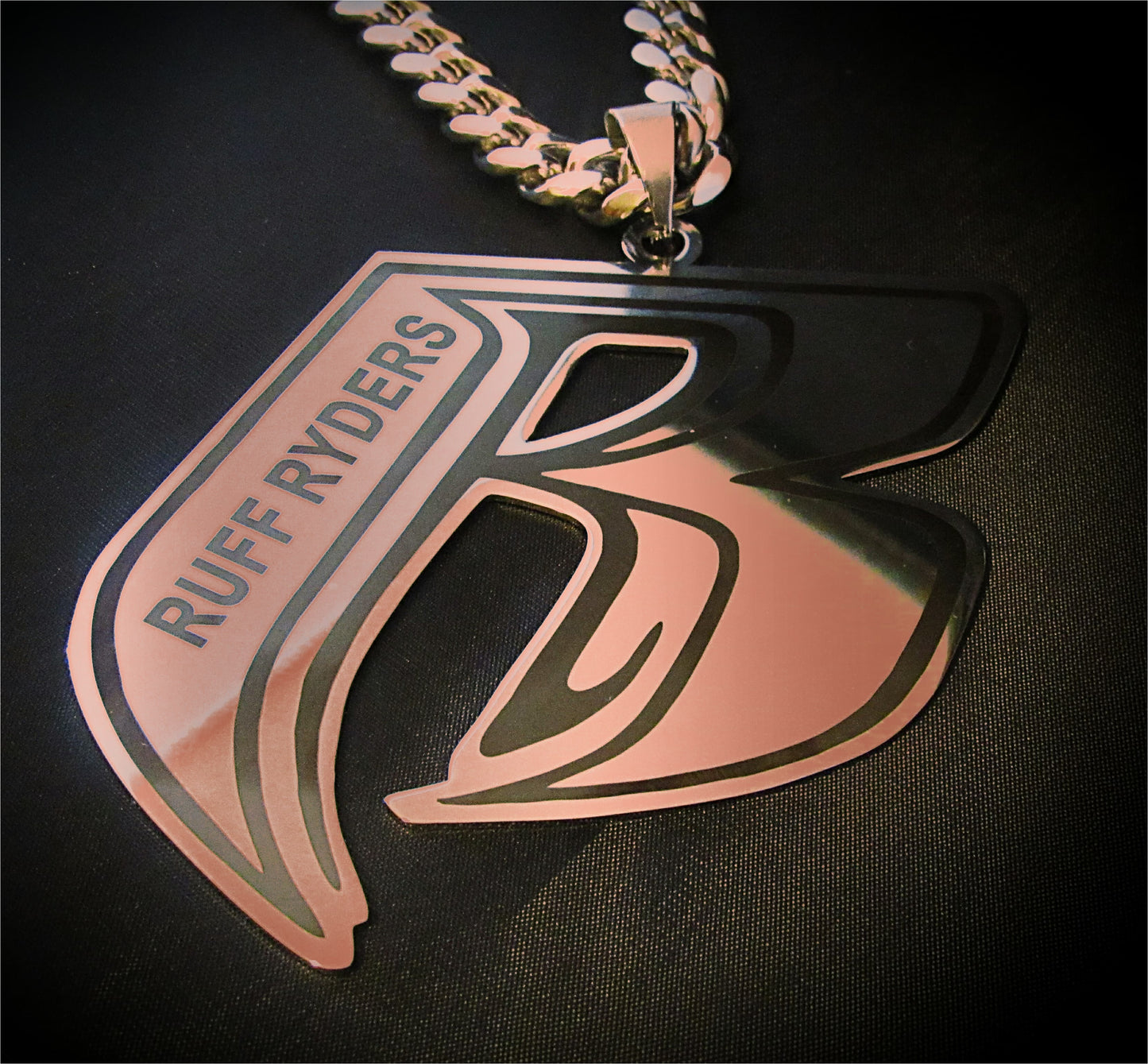 "Ruff Ryders" Stainless Steel RR Pendant TARNISH FREE Silver, Gold or Rose Gold Includes 30" or 24" Cuban Link Chain