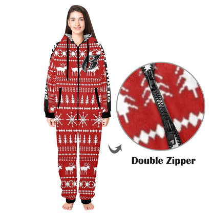 RR One-Piece Zip Up Hooded Pajamas - Red Holiday