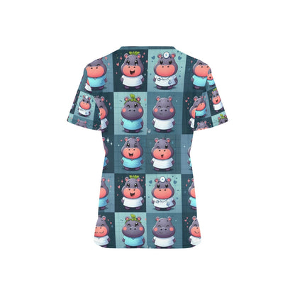 Ladies Scrub Top - Happy Hippos