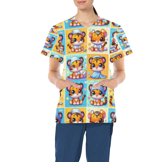 Ladies Scrub Top - Tiny Tigers