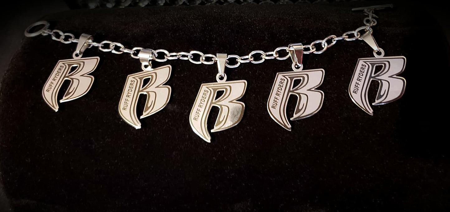 Custom Name RR Stainless Steel Pendant, Earrings and Charm Bracelet Set - Silver or Gold(Please read selections CAREFULLY)
